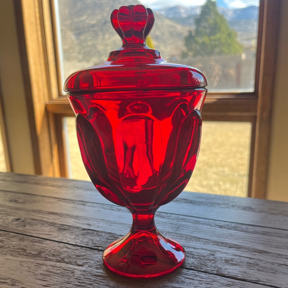 Viking Glass 6 Petal Ruby Red Footed Covered Candy Dish